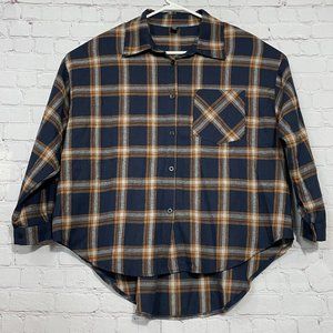 Shein Curve Cozy Long Sleeve Navy Orange Plaid Button Up Warm Shirt Top Plus 3X